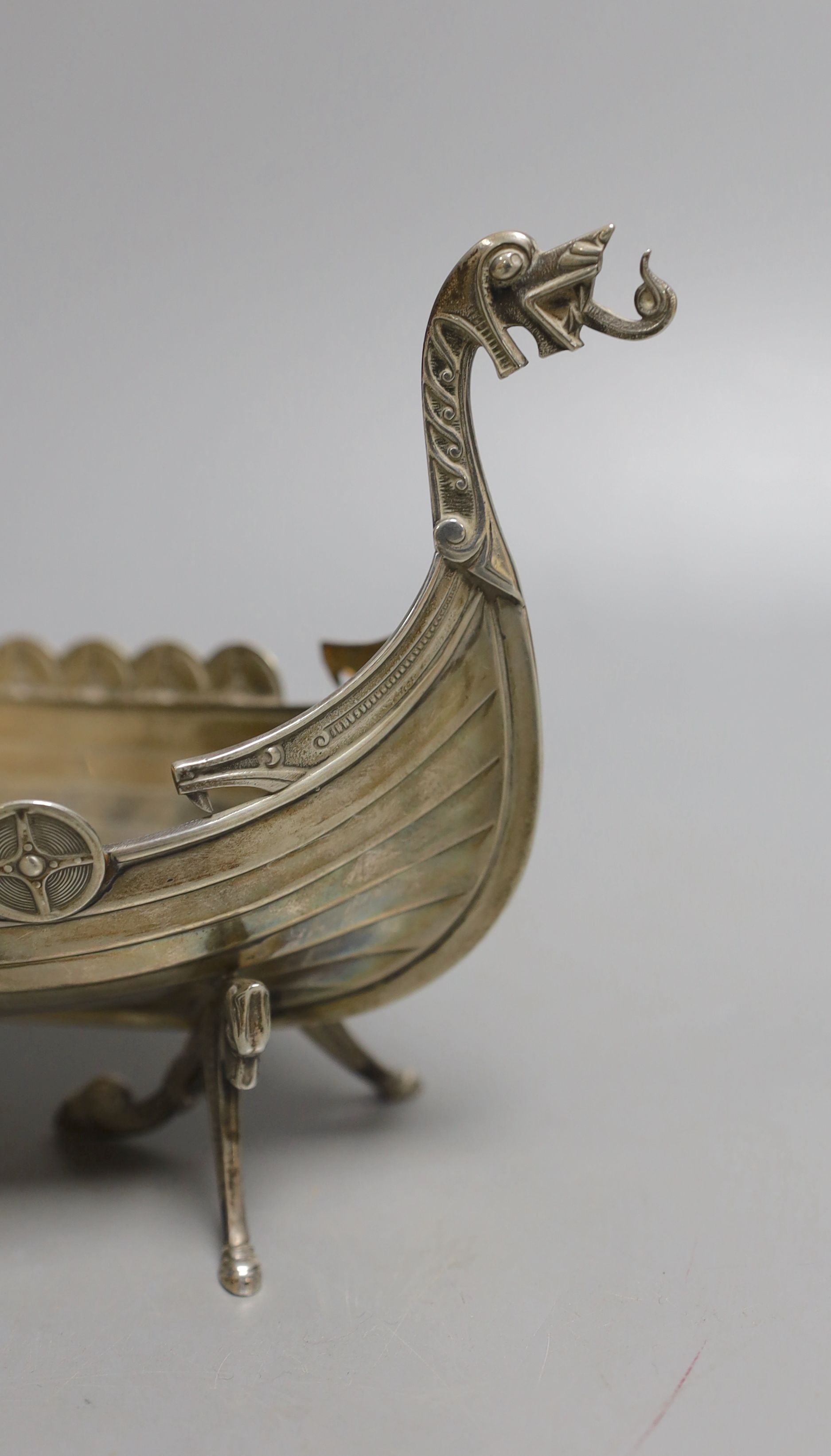A Scandinavian? white metal model of a Viking ship, length 21.8cm, 7oz.